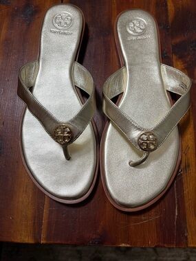 Tory Burch Metallic Gold Logo Thong Sandals